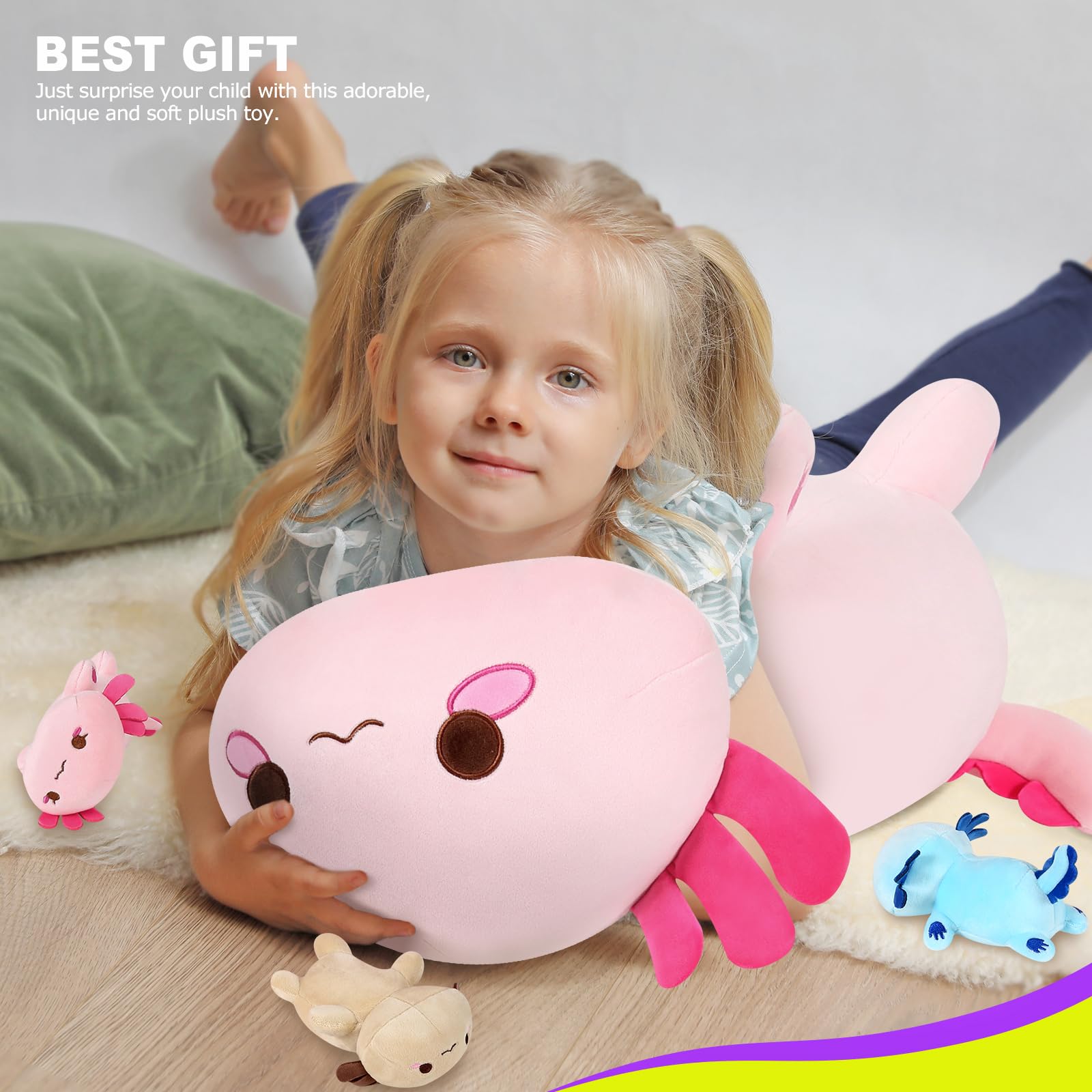 shownicer Plüschtier Axolotl Kuscheltier Stofftier Kawaii Plüsch, Mama & 3 Babys Plüschkissen Spielzeug, Kissen Puppe, Wurfkissen Schmusetier Geschenk für Kinder Mädchen Jungen 5