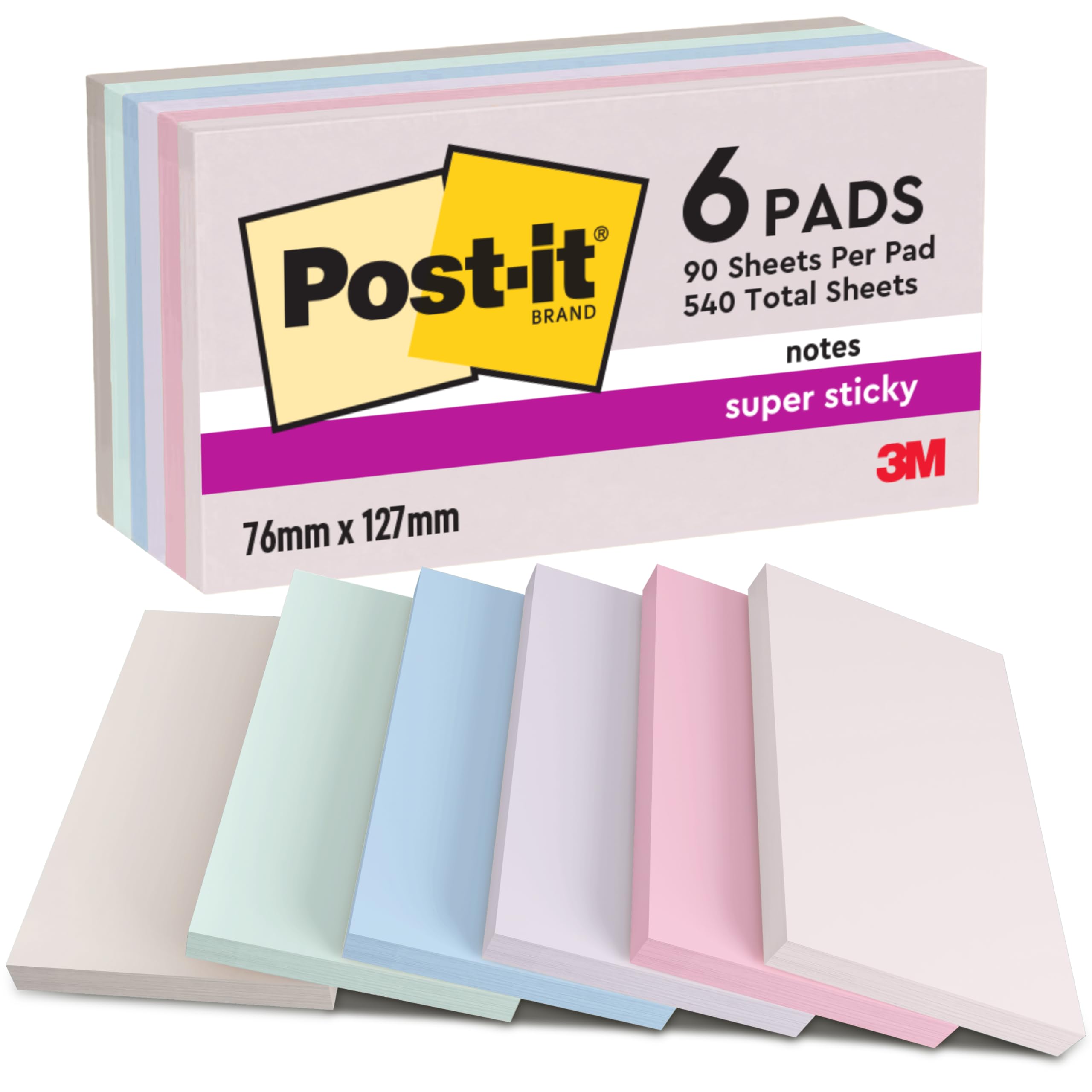 Post-it Super Sticky Notes, 540 Sheets, Pack of 6 Pads, 76 mm x 127 mm - Holds Strong to Many Surfaces - Pink, Purple, Green, Grey, Blue - for Walls, Monitors and Fridge, Recycable