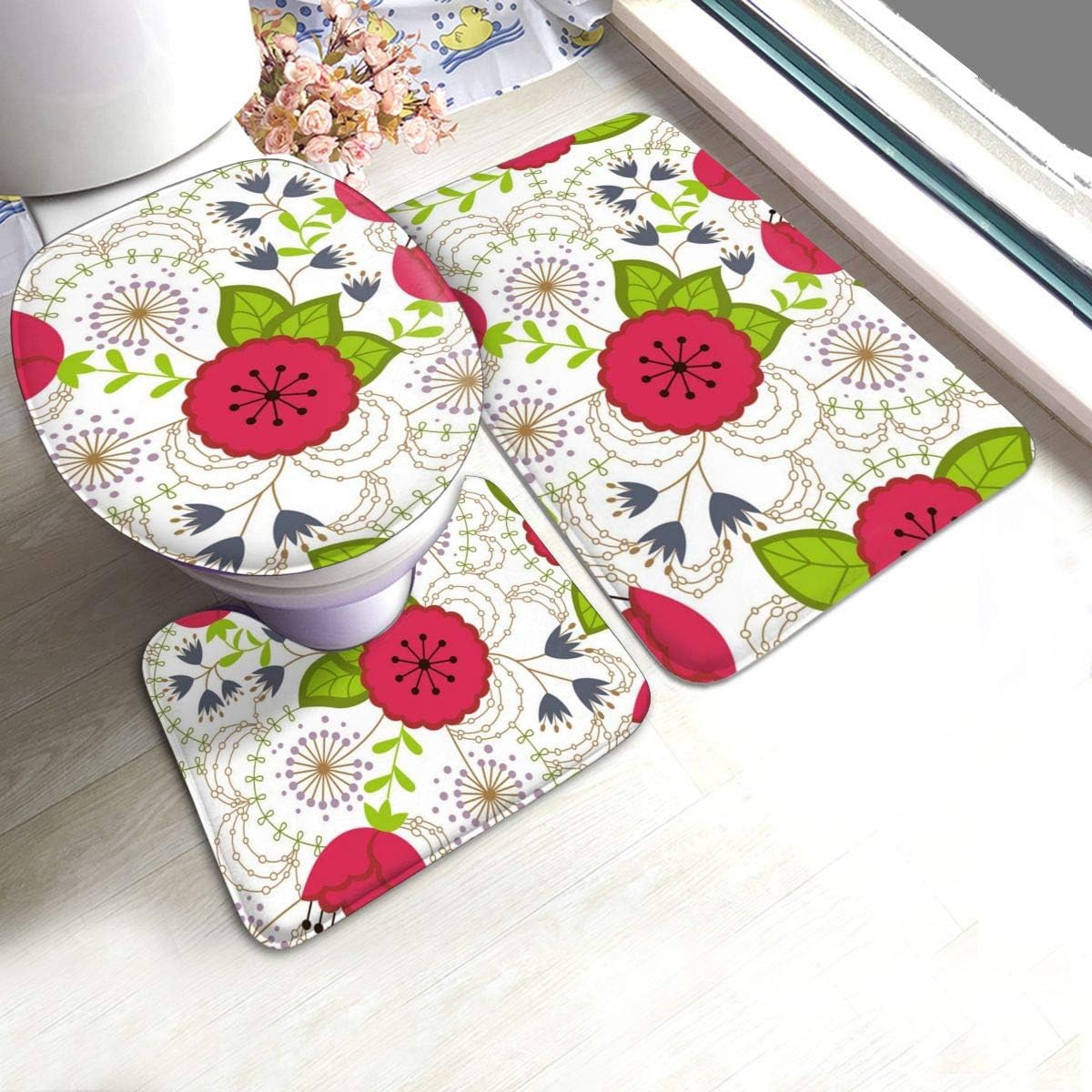 Amazon Com Yunshm Poppy And Dandelion Colorful On White Bathroom Rugs Carpet Mats U Shaped Toilet 3 Piece Bath Mat Set Non Slip For Indoor Contour Rug Customized Home Kitchen