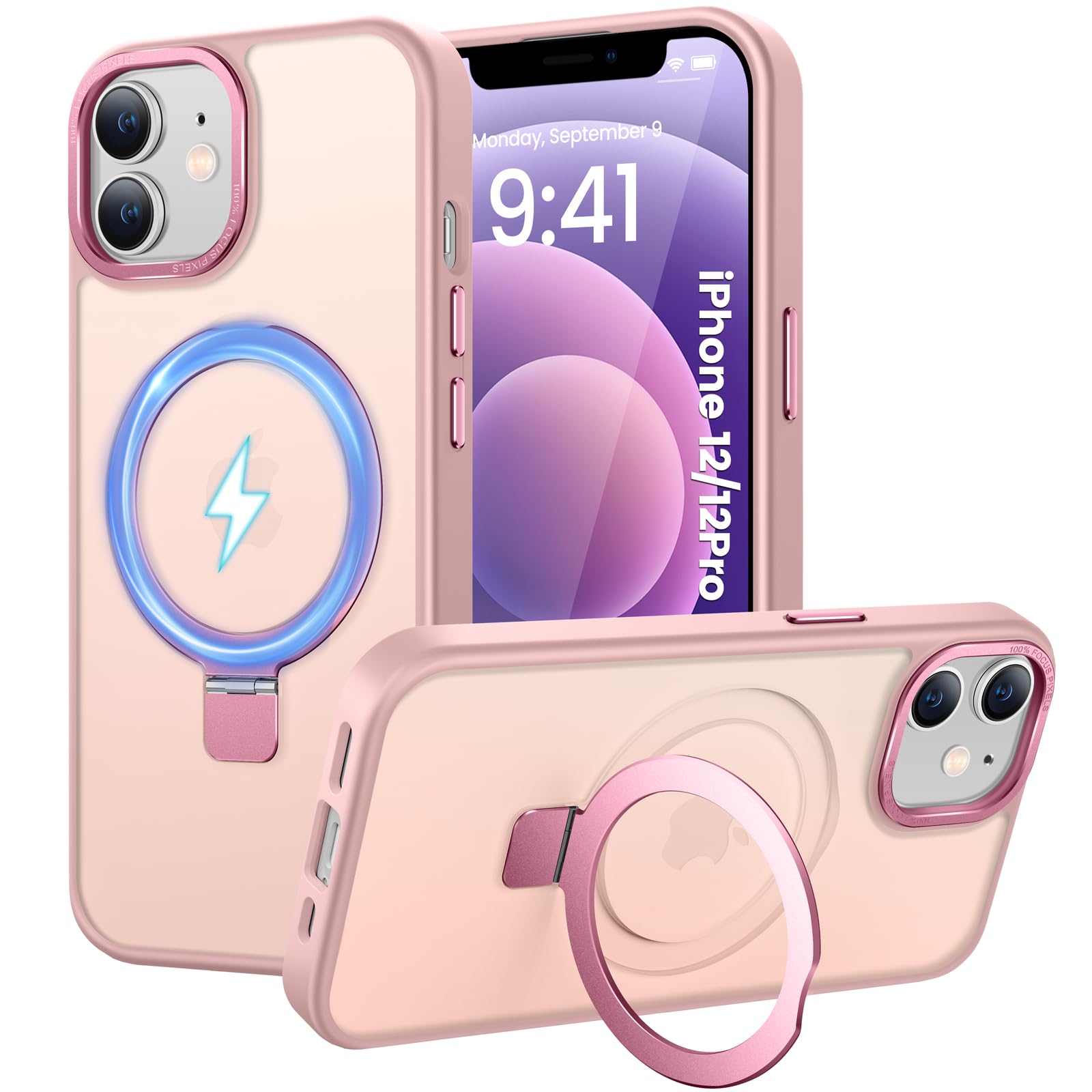 Photo 1 of HuwaiH Magnetic Stand for iPhone 12/12 pro Case, Military-Grade Protection, Anti-Fingerprint Anti-Scratch Translucent Matte Phone case for iPhone 12/12 pro(Pink)