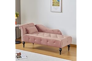 RARZOE Upholstered Velvet Roll Arm Chaise Lounge Indoor Chair, Button Tufted Right Arm Facing Chaise Lounges Chair with Nailhead Trim for Living Room Bedroom Office(Ash Rose)