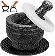 Tera Mortar and Pestle Set Polished Granite wth Lid, Double Ended, 2 Cup-Capacity, Natural Mortar and Pestle for Grinding Herbs Spices Making Guacamo