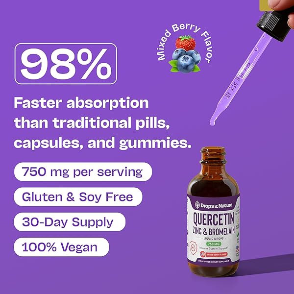 QUERCETIN WITH BROMELAIN & ZINC (5MG) LIQUID DROPS – IMMUNE SUPPORT FOR ADULTS & KIDS – ULTRA-CONCENTRATED BIOFLAVONOIDS – IMMUNE DEFENSE – CELLULAR HEALTH – VEGAN, NON-GMO, GLUTEN FREE – 2 FL OZ