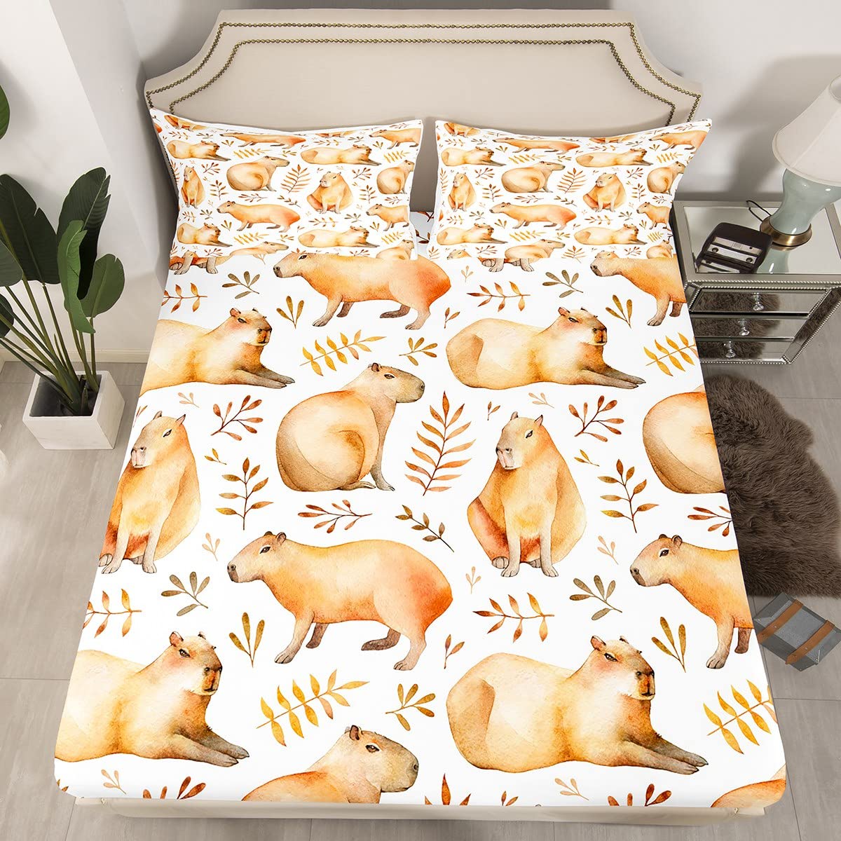 Homewish Capybaras Bed Sheets Single Size,Cute Capybara Fitted Sheet for Kids Teens Adults,Funny Animals Bedding Set Capybara Lovers Home Decor,Watercolor Botanical Leaves Bed Cover with 1 Pillowcase