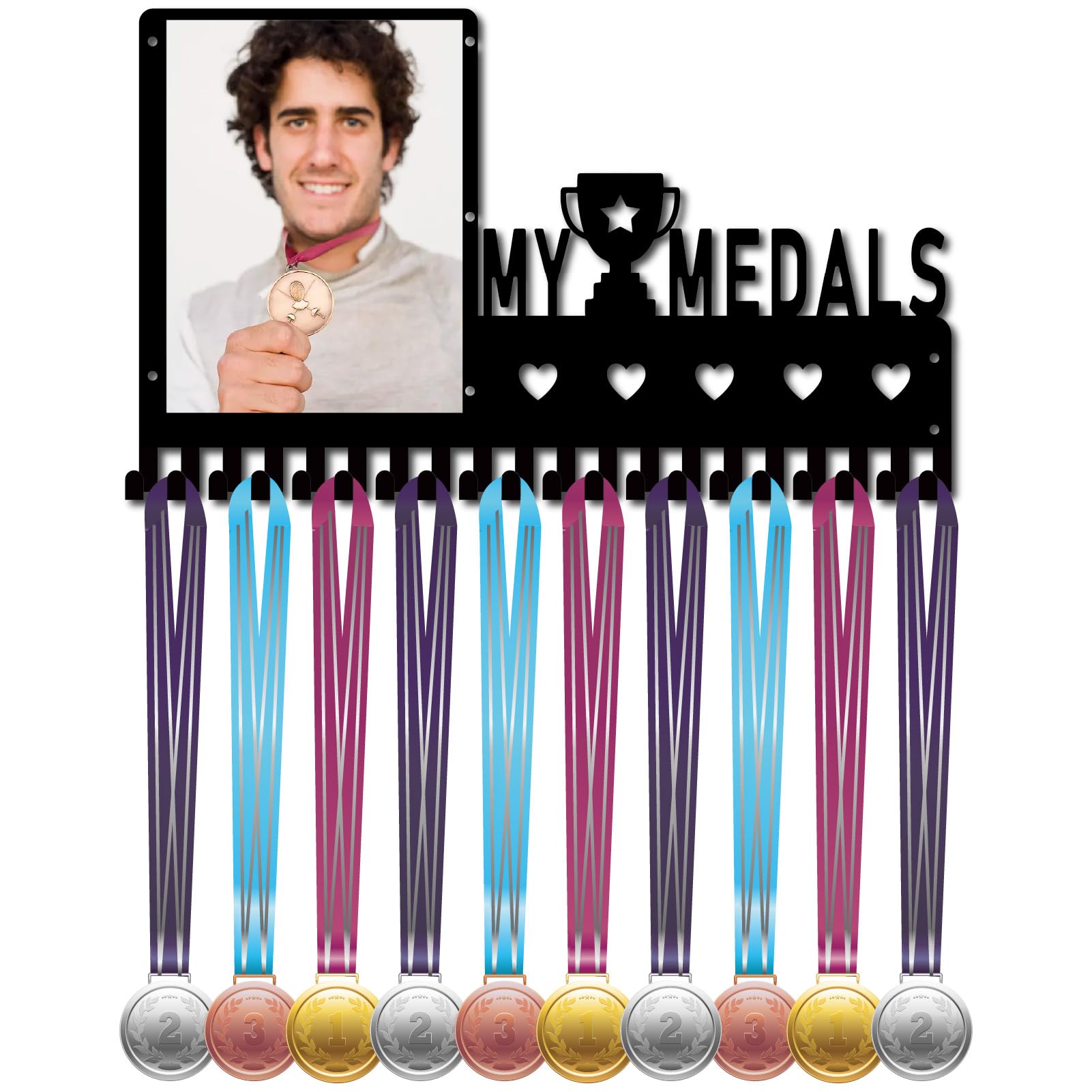 CREATCABIN My Medals Medal Hanger Display Trophy Medals Holder Rack with Photo Frame Metal Sports Hanging Athlete Awards Wall Mount with 20 Hooks for Football Running Ribbon Medals Black 16.5x9.8Inch
