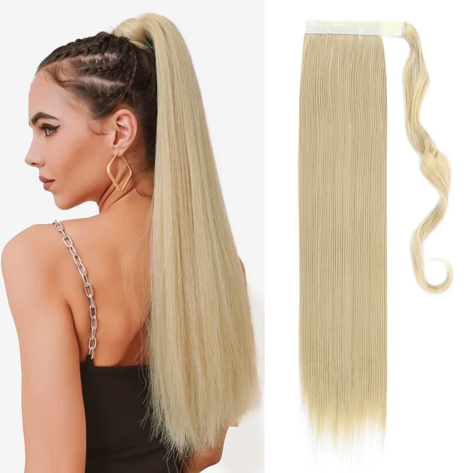 TESS Clip in Ponytail Extension Blonde 23",Hair Extensions Ponytail Synthetic Wrap Around Long Straight Fake Pony Tails Hair Pieces for Women(#24/613) — image 1