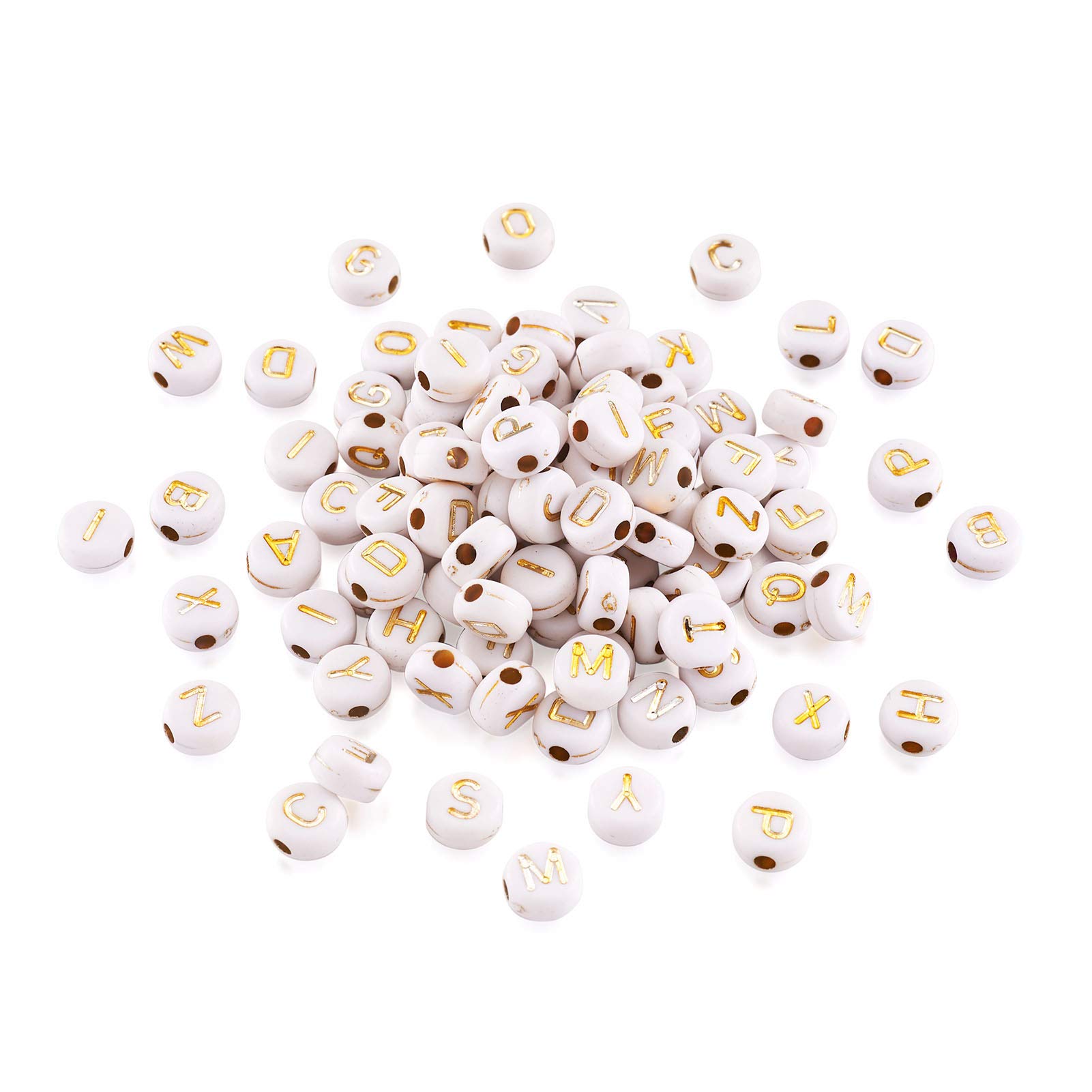 Beadthoven 200 Pieces White Gold Acrylic Alphabet Beads Flat Round A-Z Letter Loose Spacer Beads 7x4mm for Craft Jewelry Necklace Making Hole: 1.8mm — image 1