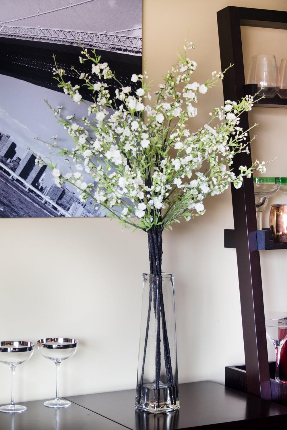 Amazon Com Nearly Natural 1193 Wh Cherry Blossoms With Vase Silk Flower Arrangement White 12 X 12 X 35 Home Kitchen