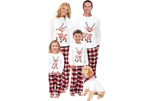 HOGIHUANG Family Matching Christmas Pajamas Set, Reindeer White Long Sleeve Top, Red Buffalo Plaid Pants Holiday Sleepwear