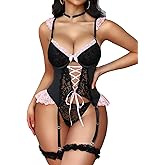 Mixxmix Sexy Lingerie for Women Lace Corset Underwire Bodysuit Teddy with Panty Garter Lingerie Sets Rave Outfits