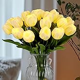 HOMESEASONS 20pcs LED Lighted Artificial Flowers Tulip Lamp Real Touch Tulips Faux Flower Lights for Valentine's Day and Easter Home Kitchen Wedding Dining Table Decor(White)