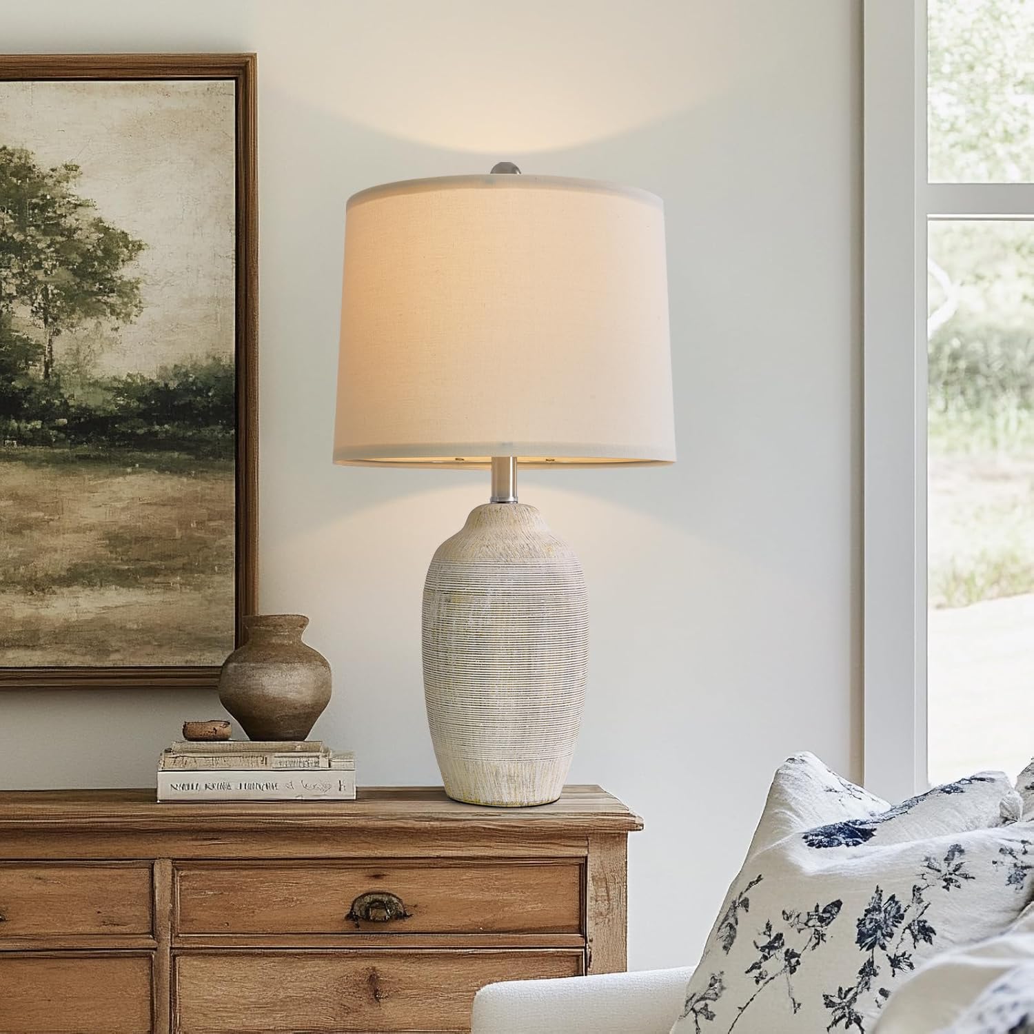 Photo 1 of USumkky 24 inch Vintage Ceramic Table Lamp with 5FT Cord - Single Farmhouse Rustic Bedside Lamp with Natural Textured Finish, Nightstand Lamps for Living Room, Bedroom, End Table Beige