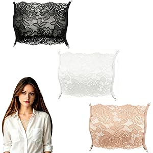 YWTAENOH 3Pcs Lace Cleavage Cover Modesty Panel Vest Wearable Mock Camisole Cleavage Cover Up for Low Neckline. Black
