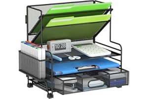 MINDEPOT 3-Tier Paper Organizer + 2-Pocket File Holder + Drawer + Pen Holders, Desktop File Organizers Paper Tray for Office 