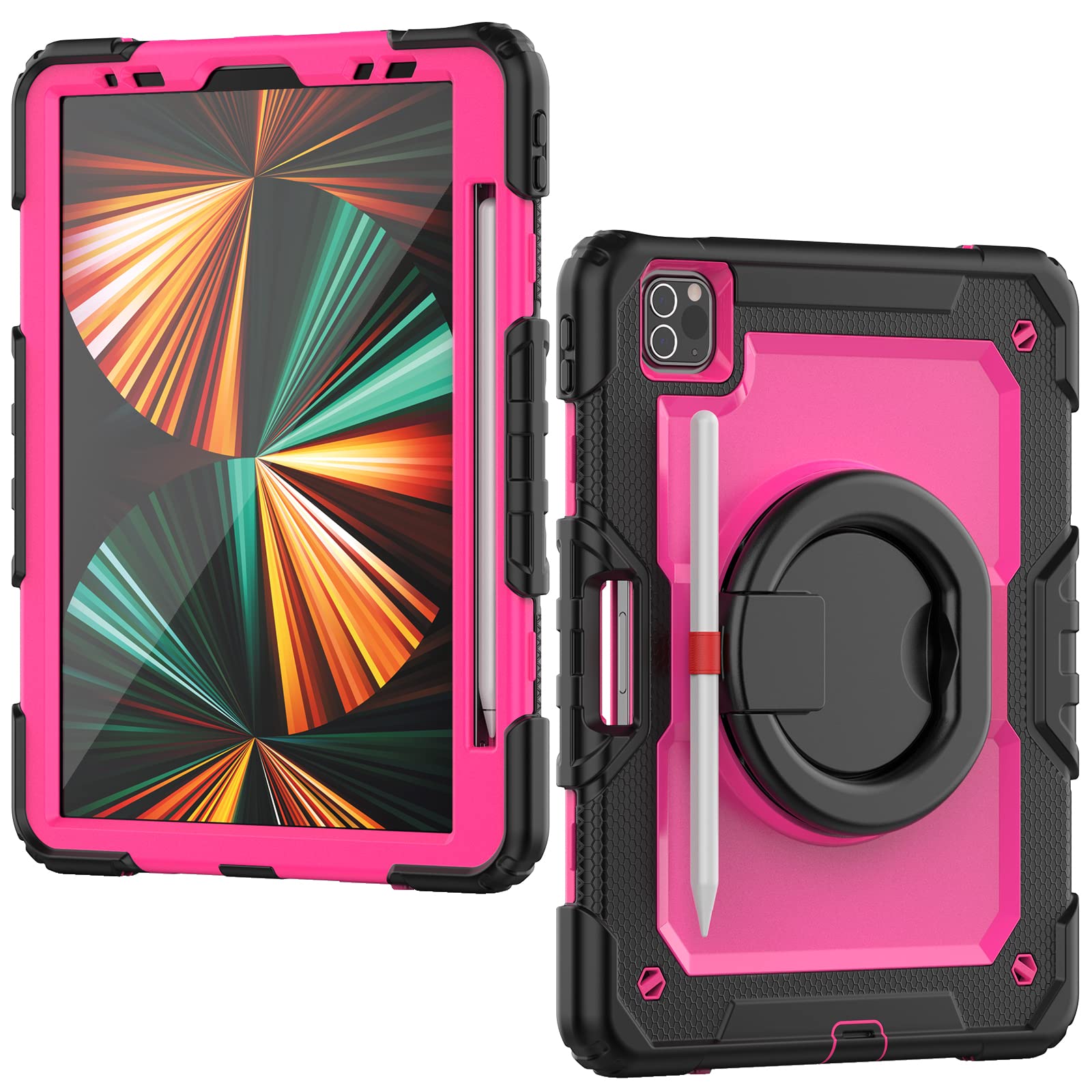 HUEZOE Case Compatible with iPad Pro 11 Inch, 2021/2020/2018 Model, Full Body Shockproof Protection Cover, Robust with Rotating Stand/Pen Holder, Rose Red Black
