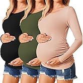 Ekouaer Womens Maternity Shirts Long Sleeve 3 Packs Pregnancy Tee Top Tunic Blouse Casual Mama Clothes S-XXL