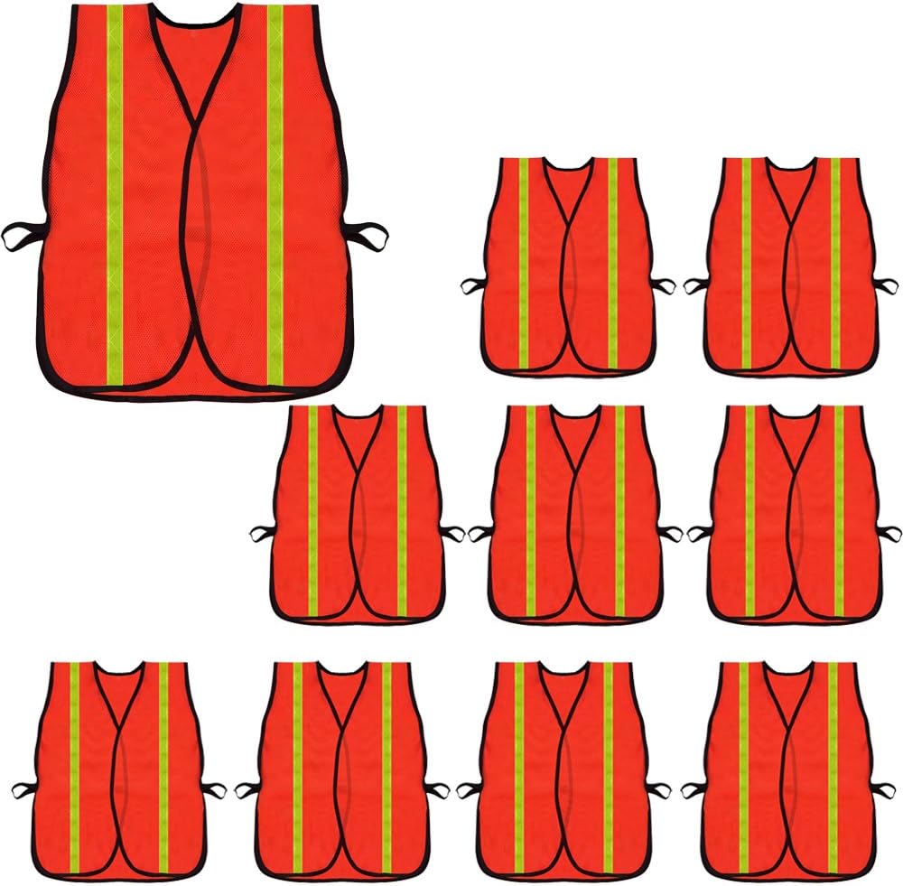 High Visibility Safety Vests 10 Packs, Adjustable Size, Lightweight Mesh Fabric, Wholesale Reflective Vest for Outdoor Works, Cycling, Jogging, Walking, Sports - Fits for Men Women ( Neon Orange) - - 