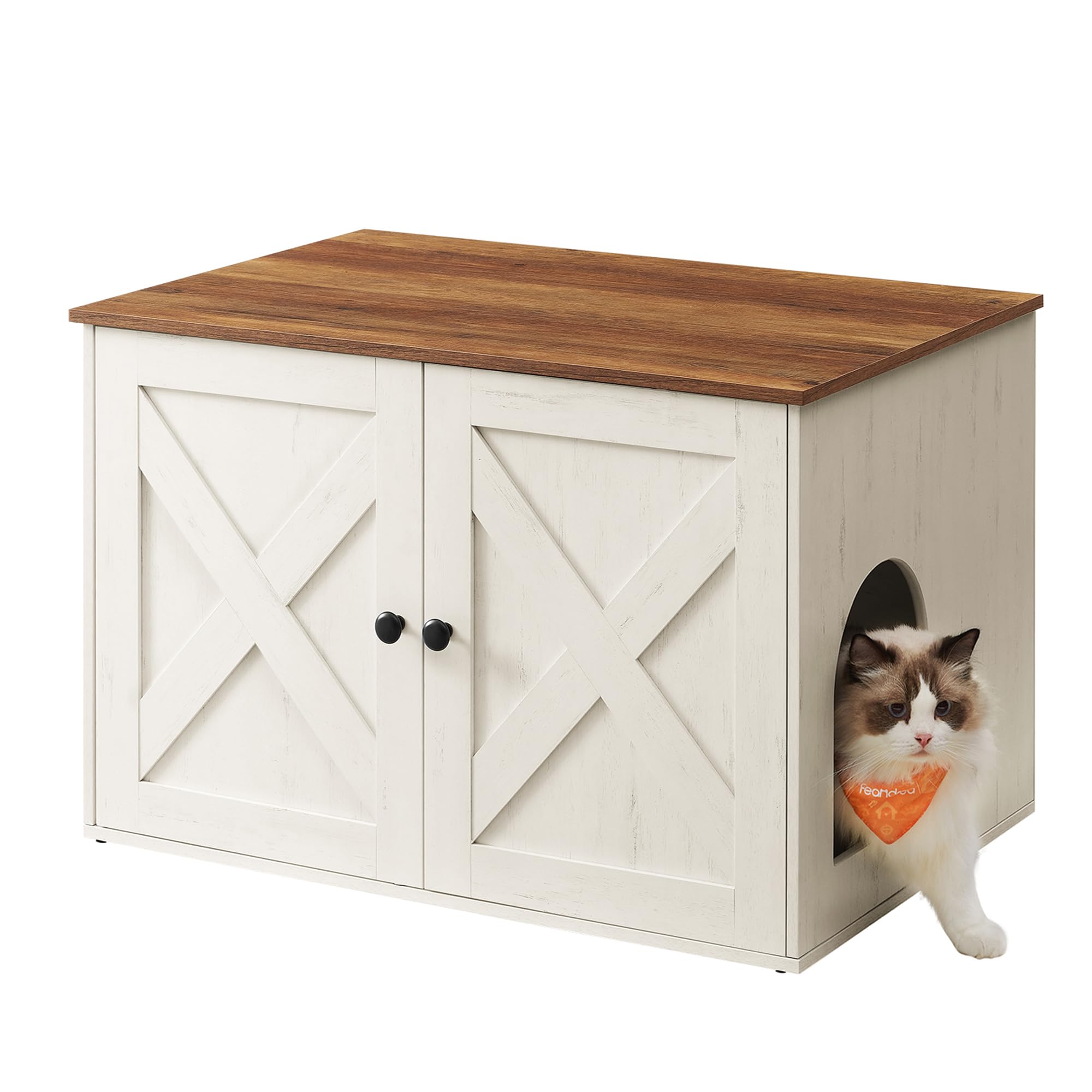 Photo 1 of Feandrea Cat Litter Box Enclosure, Litter Box Furniture Hidden, Indoor Cat House, End Table, 27.6 x 19.7 x 19.7 Inches, Rustic White and Honey Brown UPCL022K02