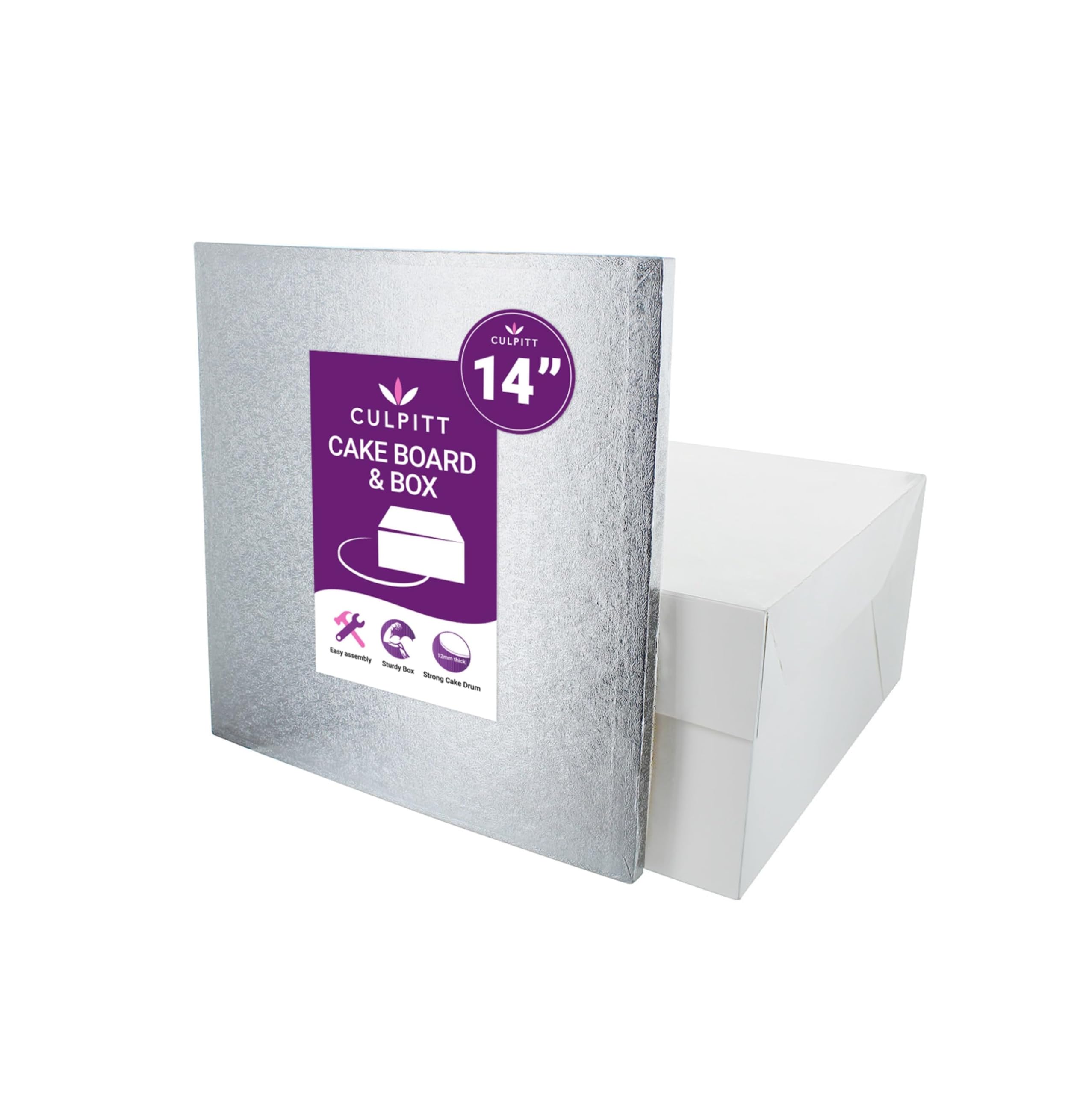 Culpitt 14" (35cm) Square Silver Cake Drum Board & White Cake Box Combo For Storage & Transport