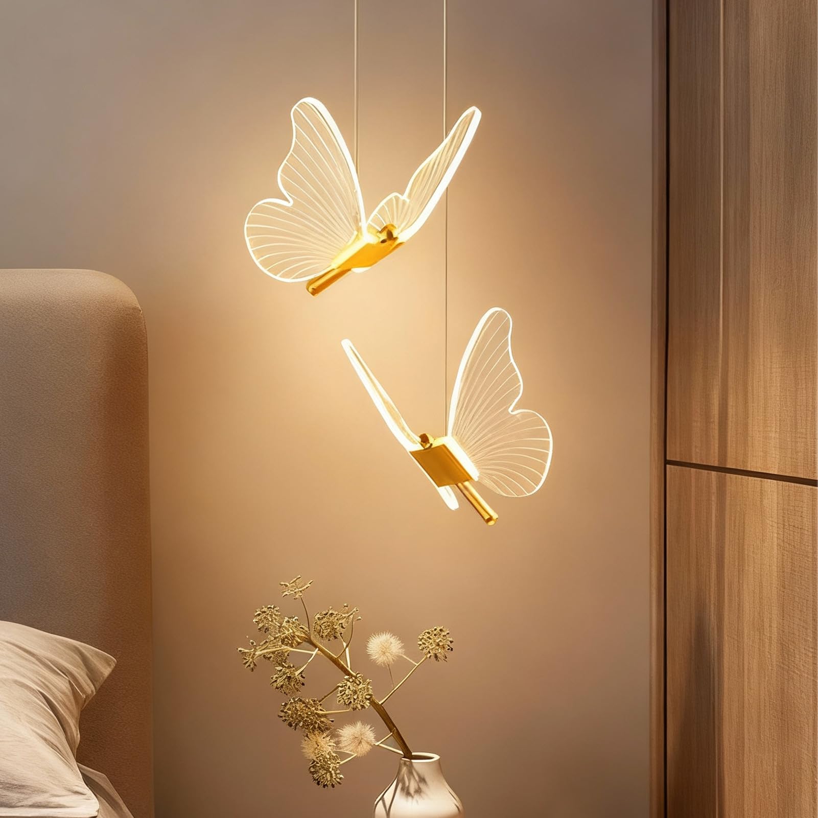 Photo 1 of mfanchan Gold Chandelier Pendant Light, Double Headed Butterfly Pendant Light, LED Acrylic Gold Hanging Ceiling Lamp for Bedroom, Living Room, Kitchen Island (Classic)