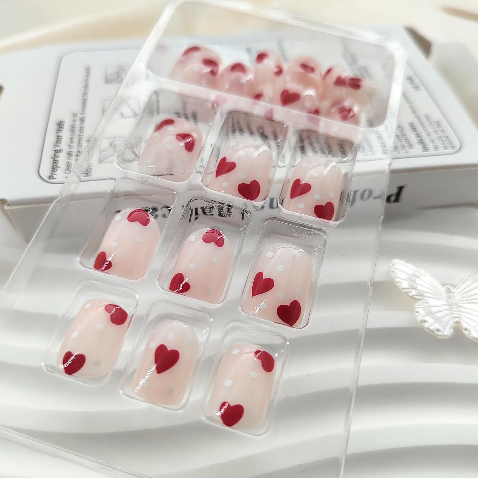 Press on Nails Short Square Fake Nails with Heart Designs Short Nails Press ons for Women Light Pink Full Cover Acrylic Glue on Nails 24 Pcs - Image 5