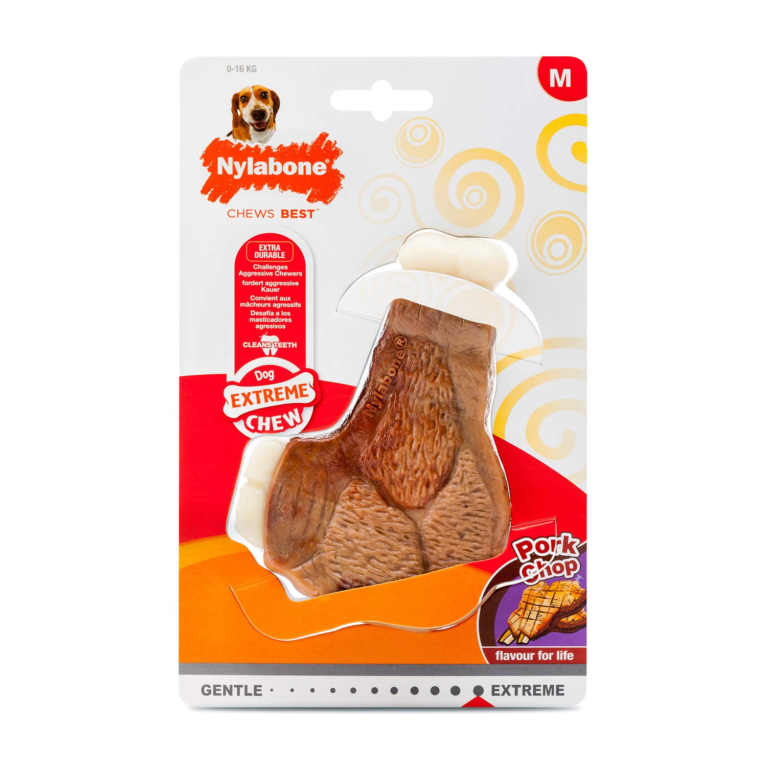 Nylabone Extreme Tough Dog Chew Toy Pork Chop Alternative, Mess-Free, Pork Flavour, Medium, for Dogs Upto 16 kg