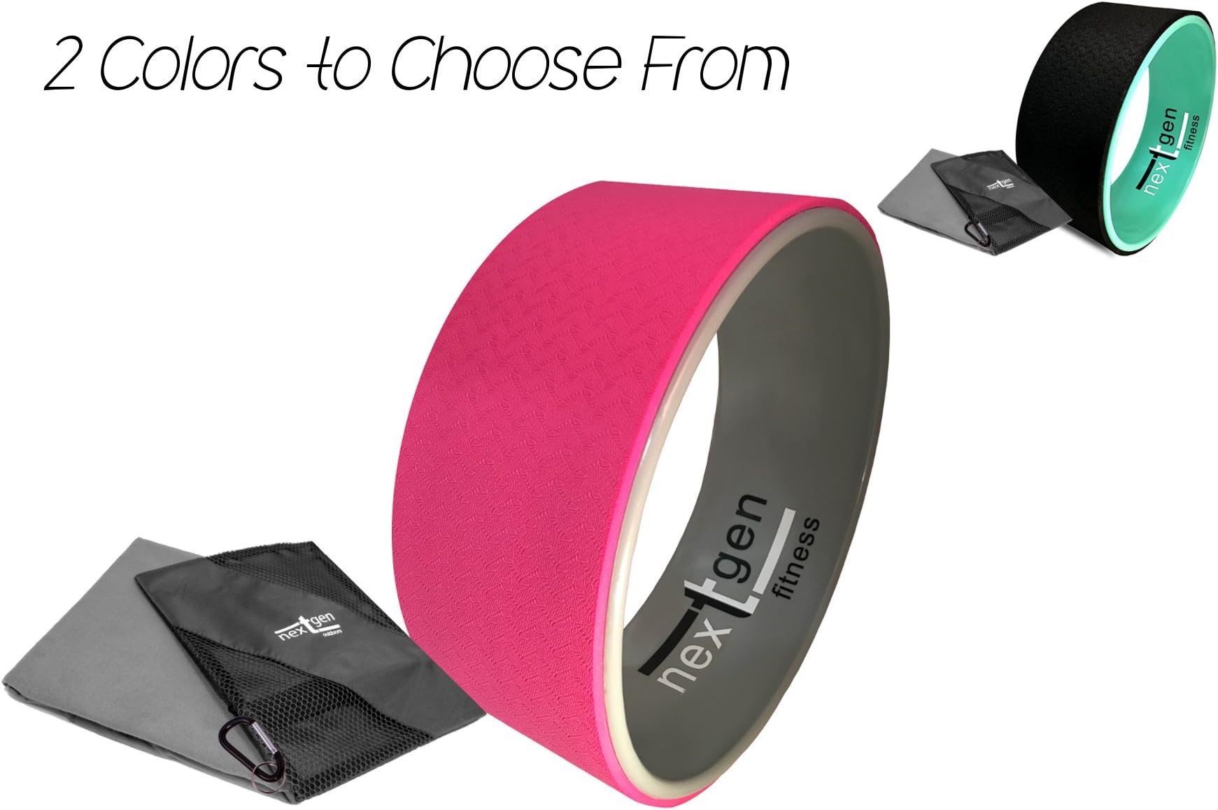 NextGen Fitness Yoga Wheel and Microfiber Yoga Towel, PINK PROMISE - Help fight Breast Cancer (Gray and Pink, 12")