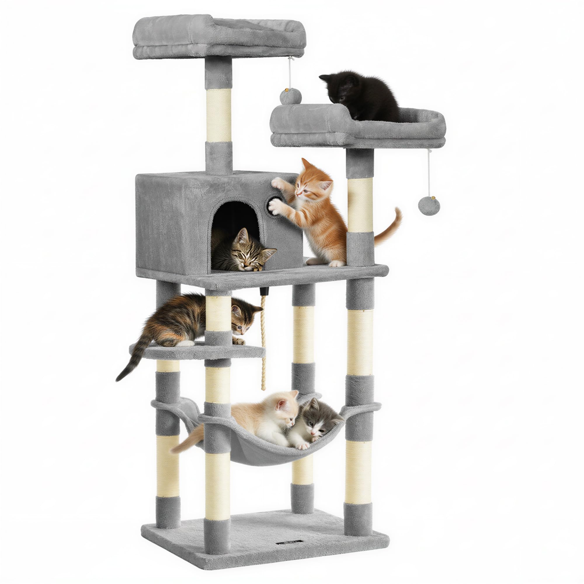 Feandrea Cat Tree, 56.3-Inch Cat Tower, Multi-Level Plush Condo with 11 Scratching Posts, 2 Perches, Hammock, Cave, Light Gray UPCT15W Image