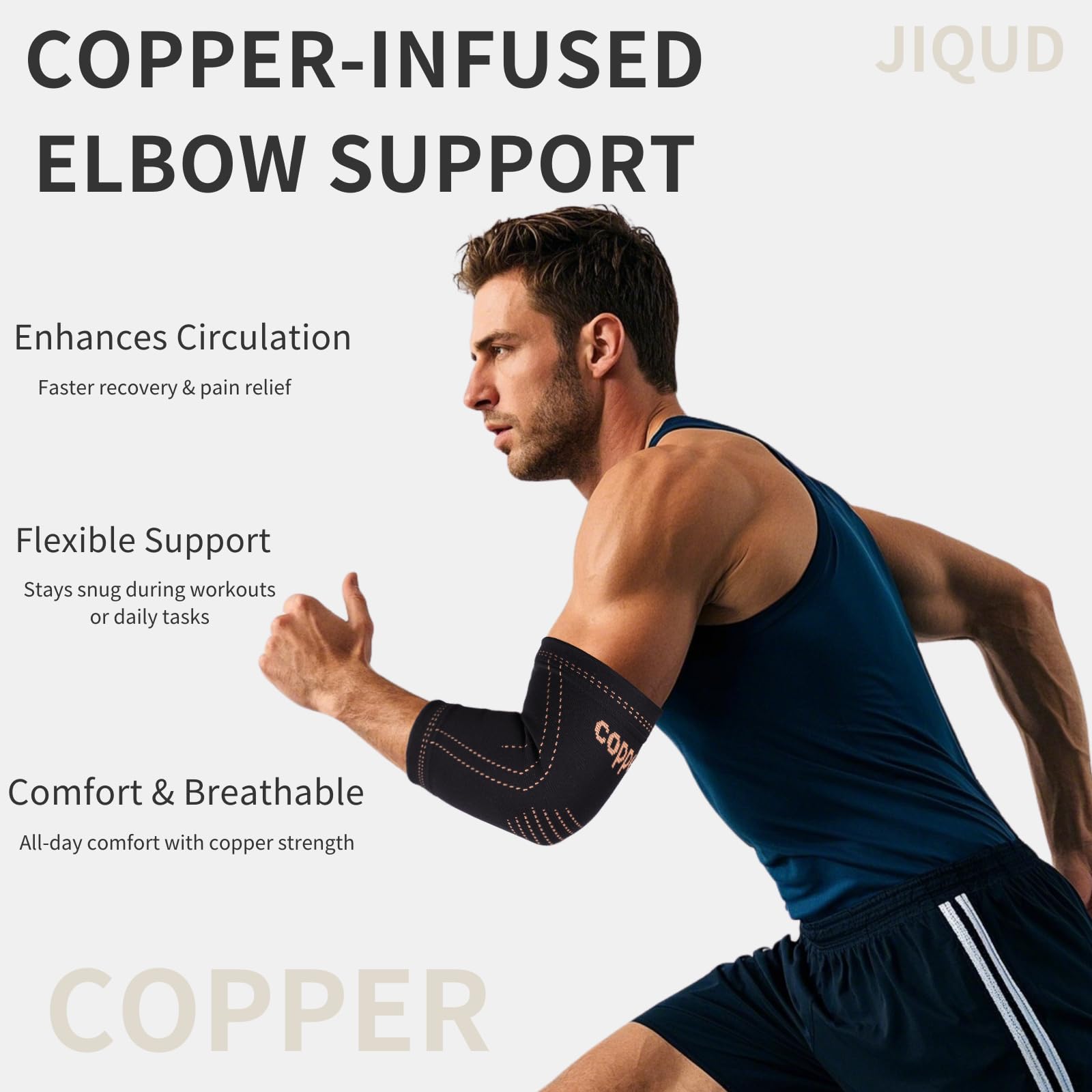 JIQUD Elbow Brace for Tendonitis and Tennis Elbow for Women,Copper Elbow Compression Sleeve for Golfers Elbow Pain Relief | Arm Support Fit for Men Weight lifting Workouts, Recovery, Arthritis