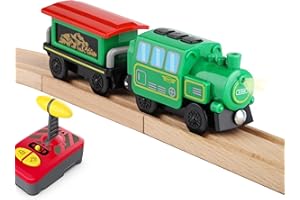 MyKaFort Remote Control Steam Train Set for Wooden Railway Tracks – Battery Operated Engine with Tender & Controller – Lights, Sounds, Magnetic Coupling – Compatible with Brio & Thomas – Ages 3+