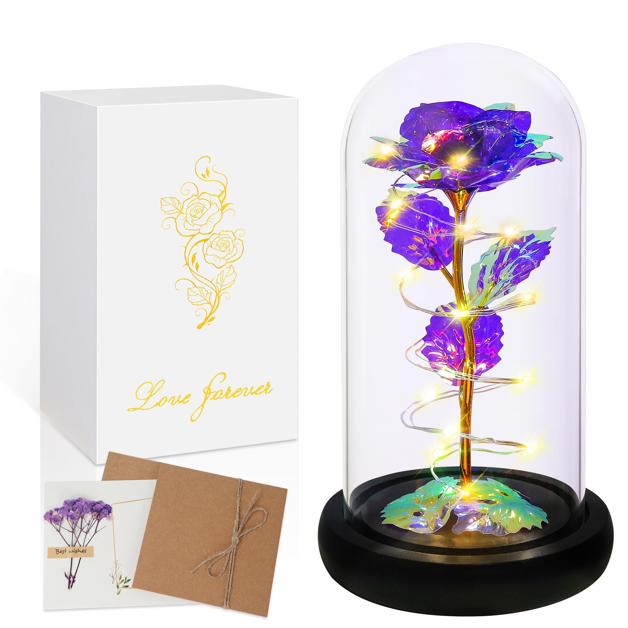 Childom Valentines Gifts for Her,Birthday Gifts for Women,Mothers Day Rose Gifts For Mum,Colorful Purple Flowers Light Up Rose In Glass Dome,Women Gifts for Anniversary,Teacher,Wedding,Engagement