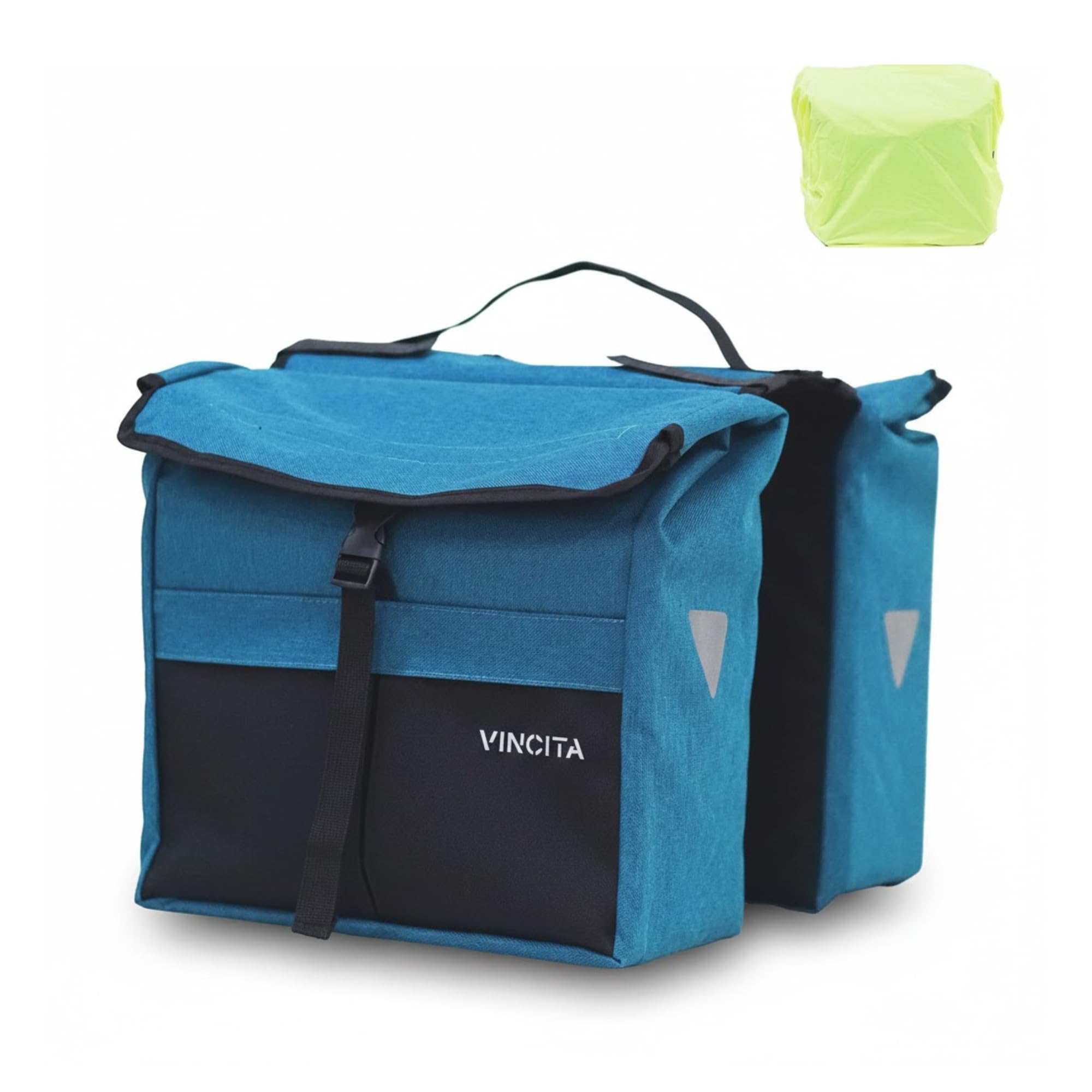 Vincita Top Load Double Pannier Water Resistant Cycling Side Bags - with Rain Cover, Large, Carrying Handle, Reflective Spots - - (Black/Turquoise)