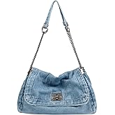 Denim Tote Bag for Women Fashion Adjustable Chain Shoulder Handbag Crossbody Bag Retro Zipper Hobo Purse