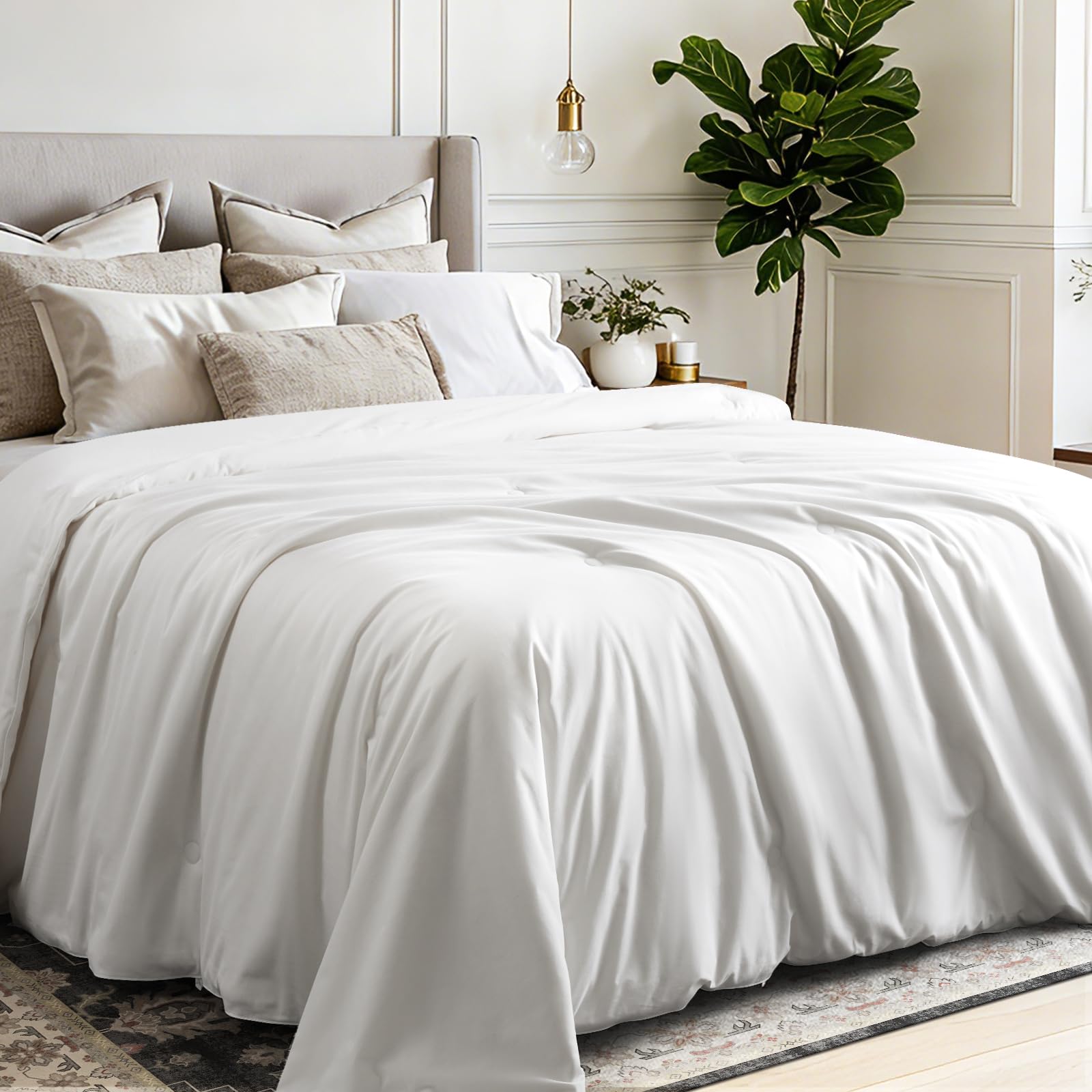 Photo 1 of COHOME Premium Queen Size Cooling Silk Comforter - All Season Luxury Bedding, Ultra Soft 100% Natural Mulberry Silk Filled Duvet with 8 Corner Ties, Moisture Wicking, 88"x88" (White Lightweight)