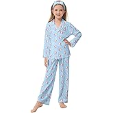 CARETOO Girls Pajamas Satin Long Sleeve Long Pants with Headband Pajama Set Kids Cute Button down Sleepwear 4-12Y