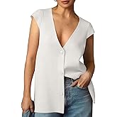 Saodimallsu Womens Deep V Neck Sweater Vest Sleeveless Knit Button Up Loose Fit Cap Sleeve Trendy Summer Tops