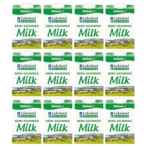 Lakeland UHT Semi Skimmed Milk 500ml Pack of 12 Low Fat 1.5% Long Shelf Life Calcium Dairy Drink Screw Top Multipack Catering Hospitality Office Pantry with Welari Thank You Card | (12pack) (6000ml)