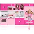 Doll Kitchen Playset for Kids, My Modern Mini Kitchen House Furniture Pretend Play Toy Accessories Set with Realistic Lights & Sounds for Toddlers, Girls (4-in-1 w/Doll)