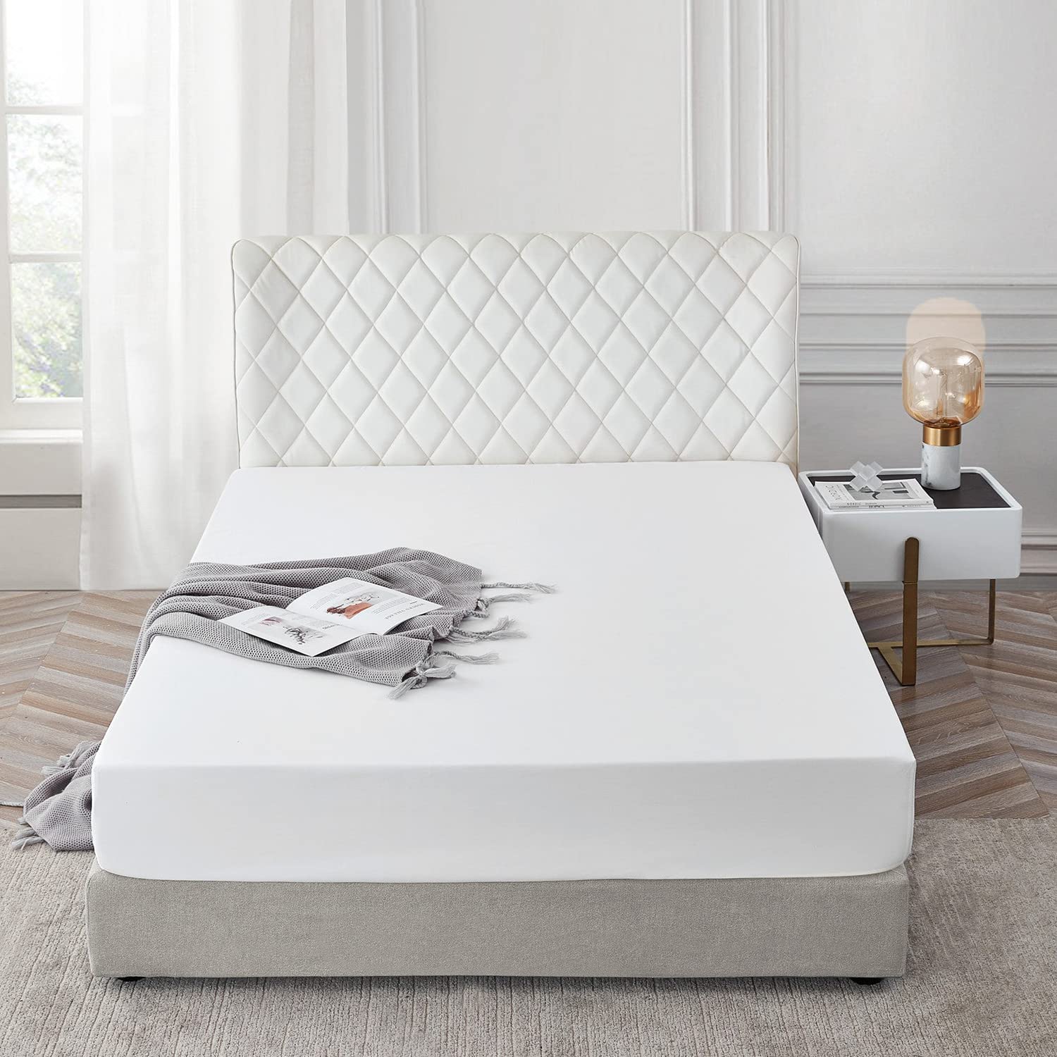 AR Ware Double Fitted Sheet 100% Egyptian Cotton 300 TC, Breathable Extra Deep Fitted Sheets Double Bed, Hotel Quality 30 Cm Fitted Bed Sheets (White) โ image 1