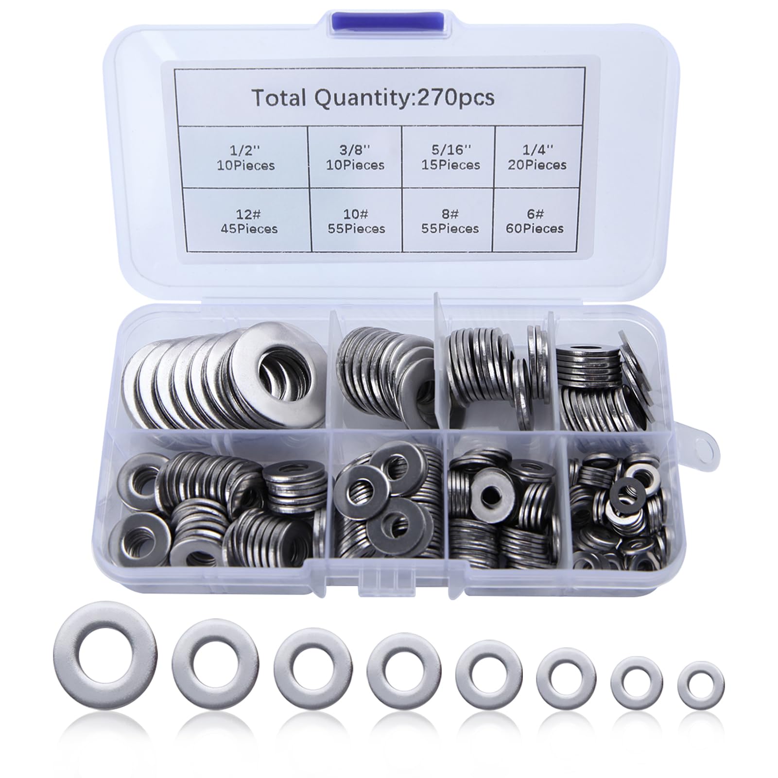 GOLD DEER 270Pcs 8 Sizes Stainless Steel Flat Washers Assortment Kit 1/2" 3/8" 5/16" 1/4" 12# 10# 8# 6# Flat Washers for Bolts Assortment Fender Washers Assortment Set for Home & Industrial Usage