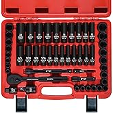 EGOFIX 3/8" Drive Impact Socket Set, 50 Piece Standard SAE (5/16 to 3/4 inch) and Metric (8-22mm) 6 Point, with Adjustable Ratchet Handle, Extension Bars, Impact Universal Joint, Adapter, Cr-V Steel