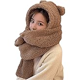 Women Kawaii Bear Ear Beanie Hat Scarf 2 in 1 - Cute Winter Warm Sherpa Thicken Fleece Fuzzy Japanese Fluffy Knit Hat Cap