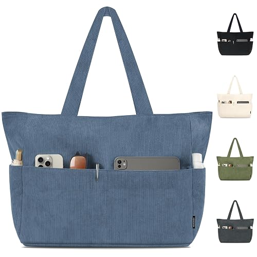 HOMESPON Corduroy Tote Bag for Women with Zipper Large Shoulder Bag Handbag for Work School Shopping Travel Gym-Blue L