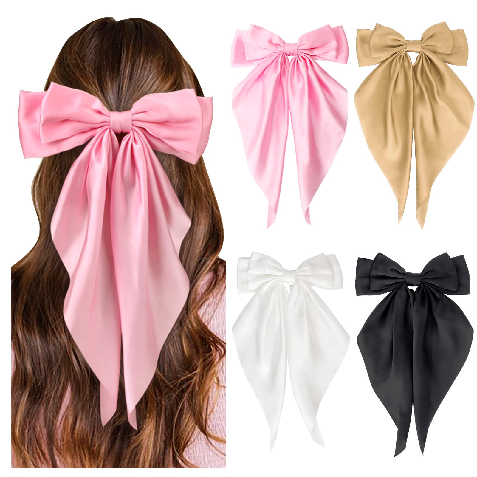 DRESHOW Hair Bows for Women Girls Large Ribbon Bow Hair Clip with Oversized Long Tail Fashion Hair Barrettes Women Hair Accessories 4 Pcs
