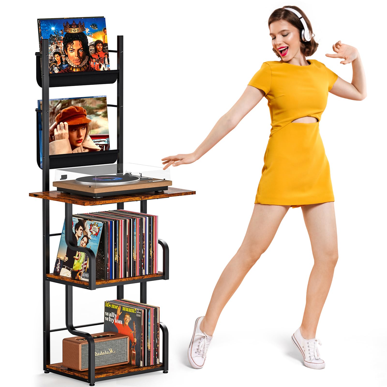 Photo 1 of TJ.MOREE Record Player Stand with Vinyl Storage, Tall Record Player Table with Rack Turntable Stand and Record Holder Vinyl Display Shelf up to 210 Album, Corner Record Player Cabinet Organizer