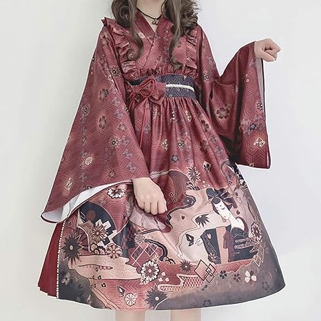Amazon Milky Time ゴスロリ ワンピース 着物 コスプレ ロリータ ブラック レッド 和ロリ 膝丈 ハロウィン Red コスプレ 仮装 通販