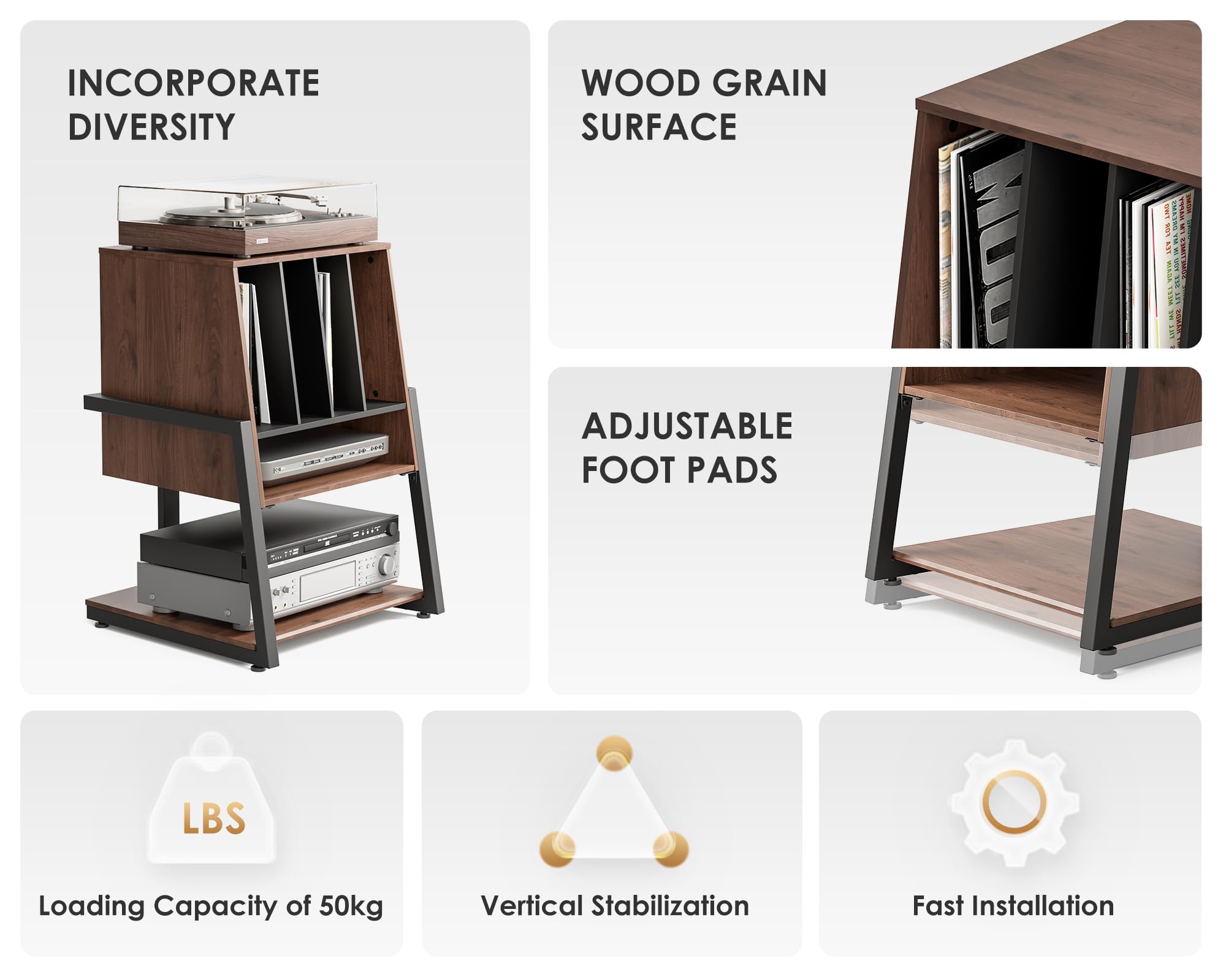 FITUEYES DESIGN Plattenspieler Tisch Hifi Rack Für Plattenspieler Schallplatten Kompaktanlage Plattenspieler Regal Modern elegant Eiffel Serie 7