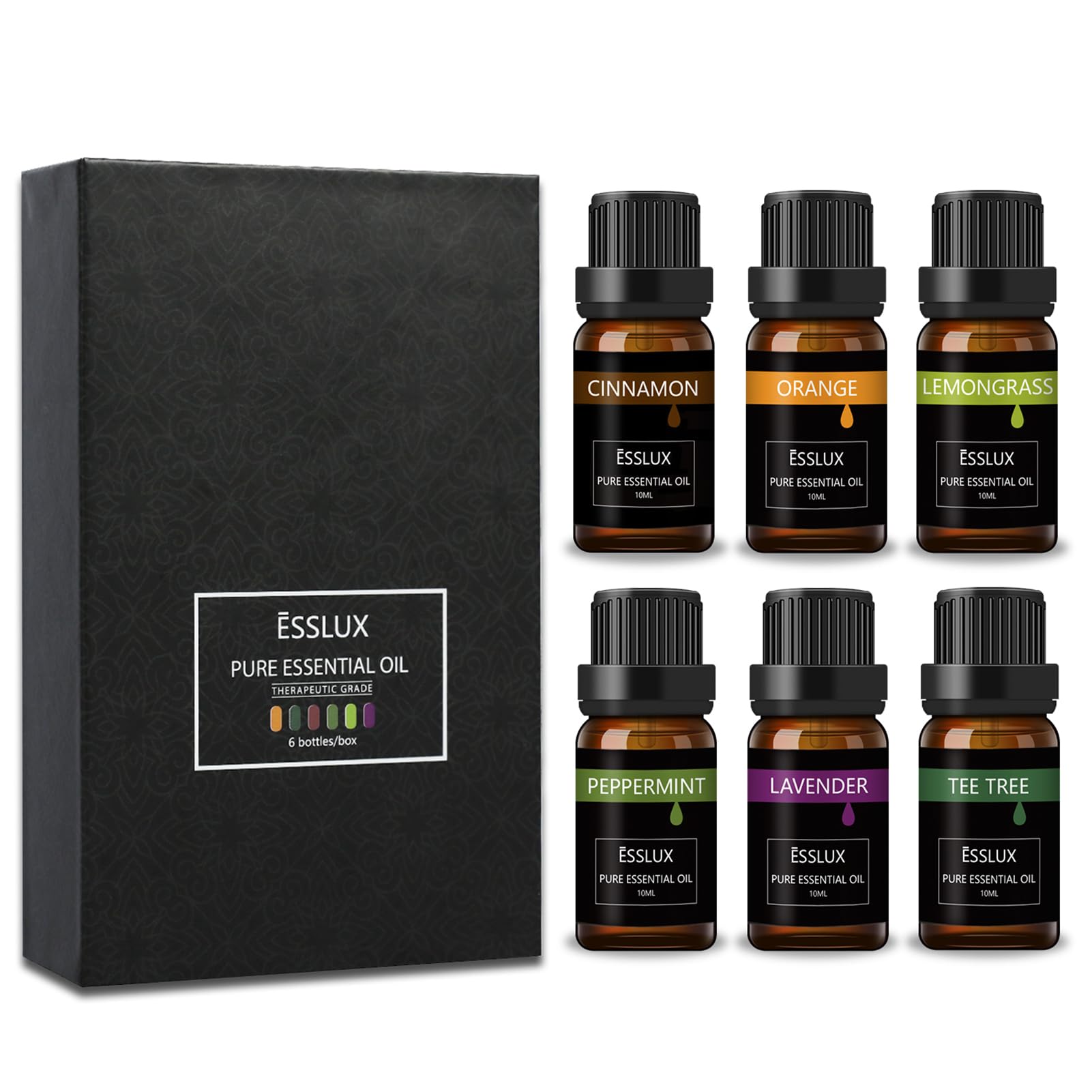 Photo 1 of ***FACTORY SEALED***Essential Oils Set, ESSLUX Top 6 Aromatherapy Oils for Diffuser, Massage, Soap Candle Making Scents, Pure and Natural Essential Oils Kit - Lavender, Tea Tree, Orange, Cinnamon, Lemongrass, Peppermint