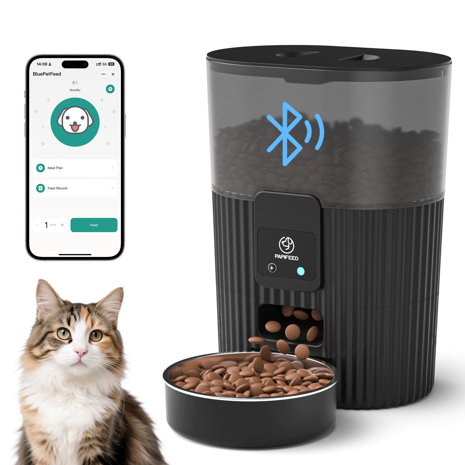 Photo 1 of PAPIFEED Automatic Cat Feeder 3.5L/15 Cup 2.4G Bluetooth Pet Feeder for Dog Work with Alexa & Echo Timed Cat Food Dispenser for Remote Feeding with Stainless Steel Bowl up to 10 Meals Per Day with APP