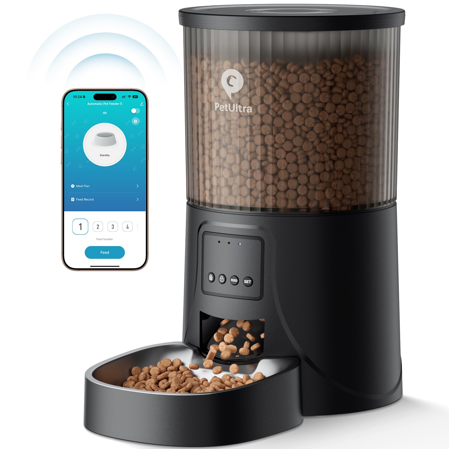 Photo 1 of PETULTRA Automatic Cat Feeder WiFi- 5Ghz Cat Food Dispenser with APP Remote Control- Auto Pet Feeder for Small Dog Indoor- Easy to Set Up and Clean- Dual Power with Desiccant Bag& Stainless Steel